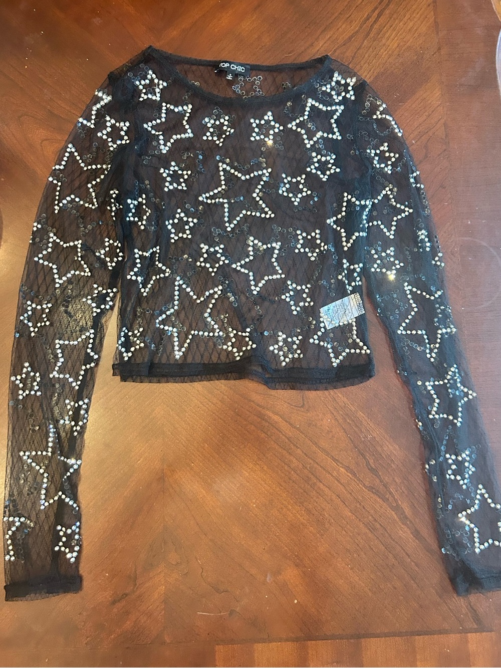 Top Chic Black Sheer Mesh Sequin Star Crop Top